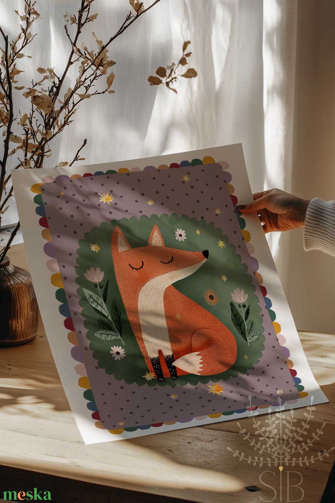 Róka, modern, színes boho stílusú falikép grafika - baba - mama - babaszoba-dekoráció - babaszoba kép - Meska.hu