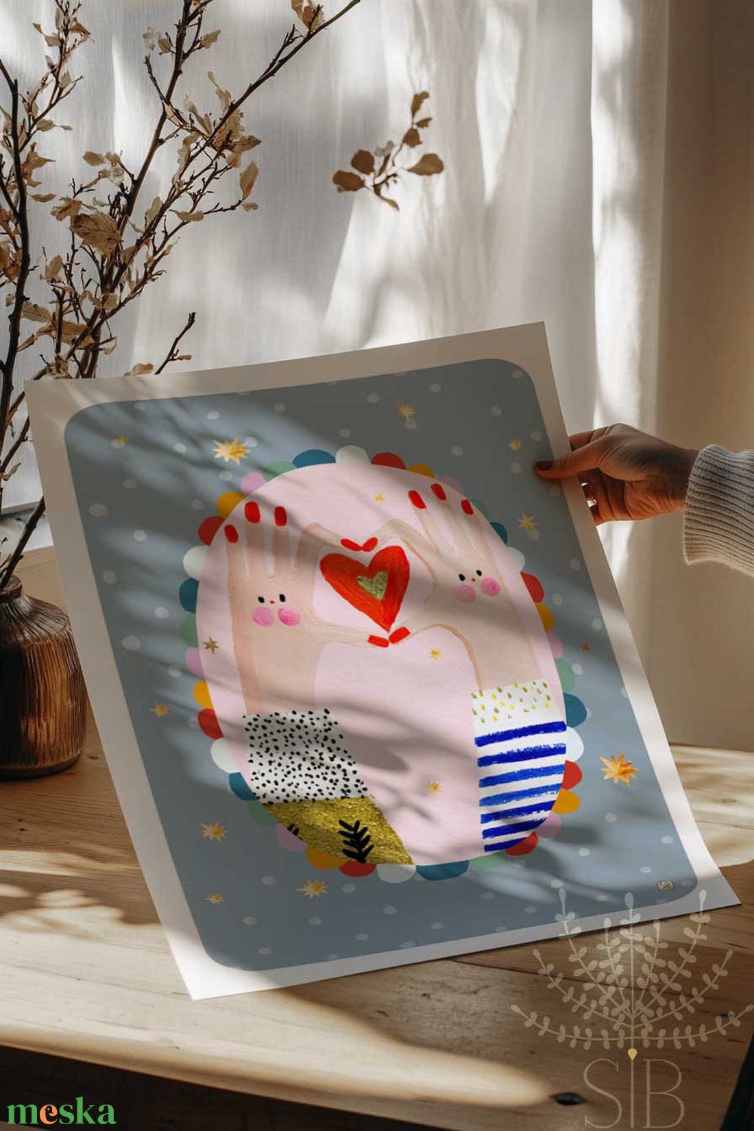 Modern, színes boho stílusú falikép, szívet formázó kezek, barátság ajándék - otthon & életmód - dekoráció - kép & falikép - poszter - Meska.hu