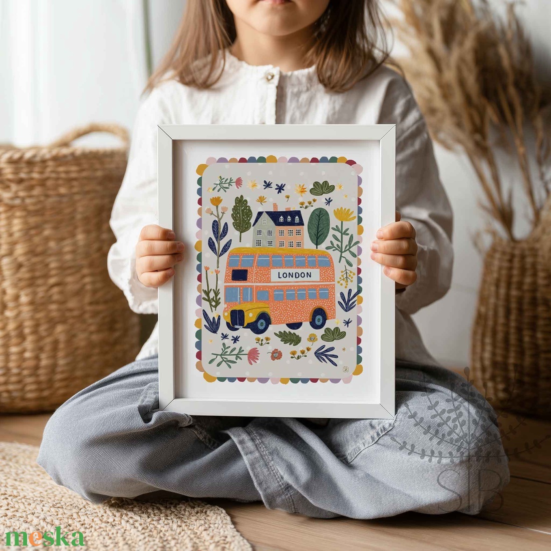 London busz, Modern, színes boho stílusú gyerekszobai falikép - baba - mama - babaszoba-dekoráció - babaszoba kép - Meska.hu