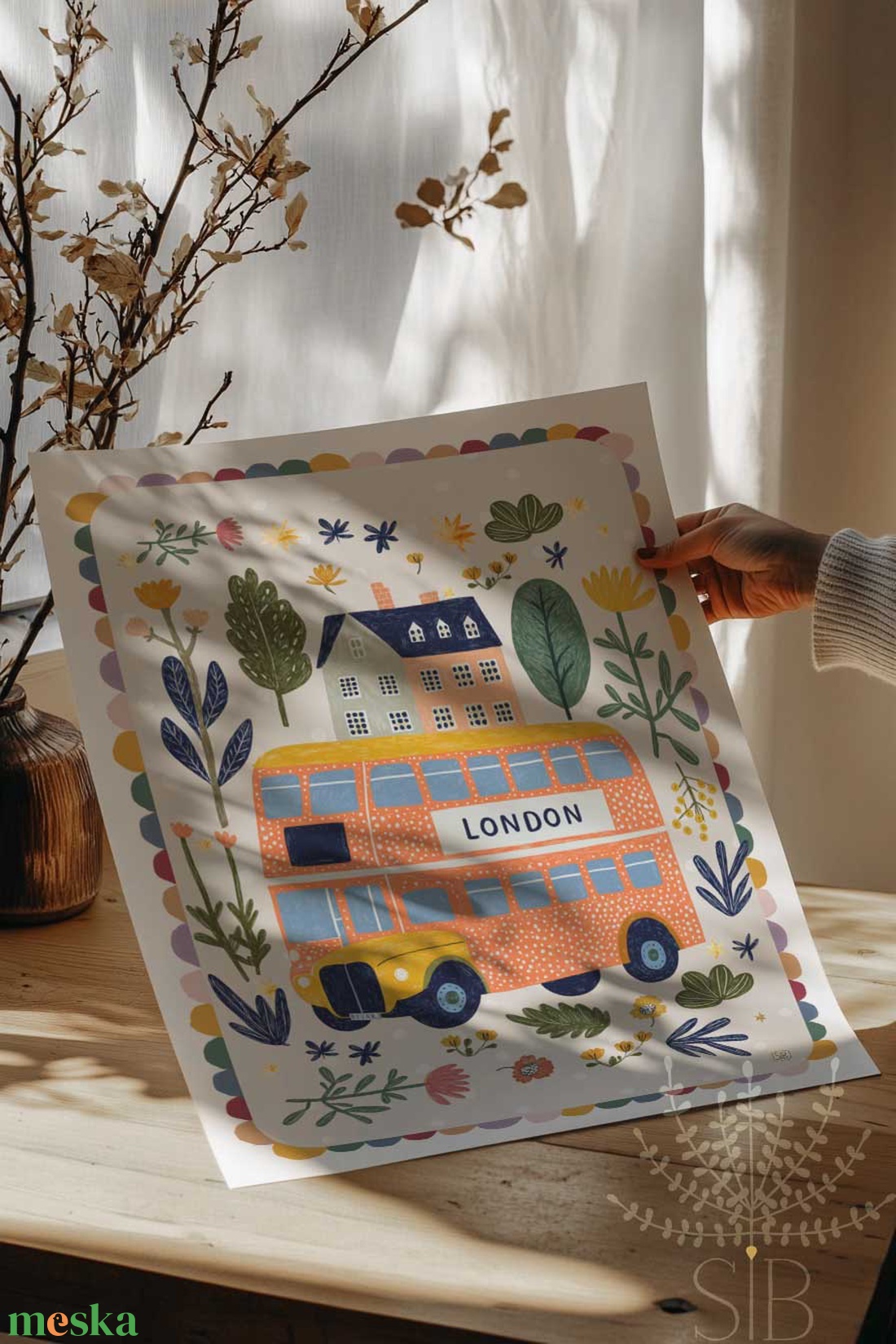 London busz, Modern, színes boho stílusú gyerekszobai falikép - baba - mama - babaszoba-dekoráció - babaszoba kép - Meska.hu