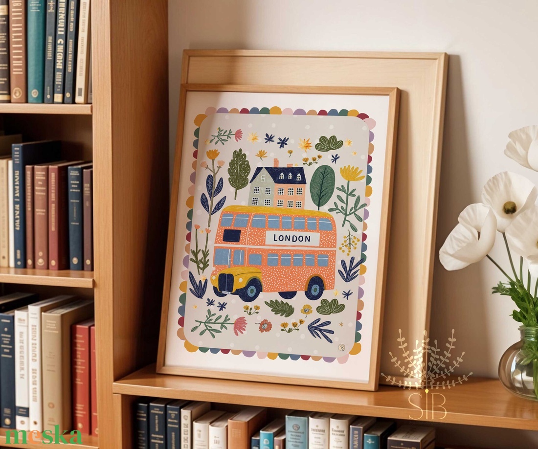 London busz, Modern, színes boho stílusú gyerekszobai falikép - baba - mama - babaszoba-dekoráció - babaszoba kép - Meska.hu