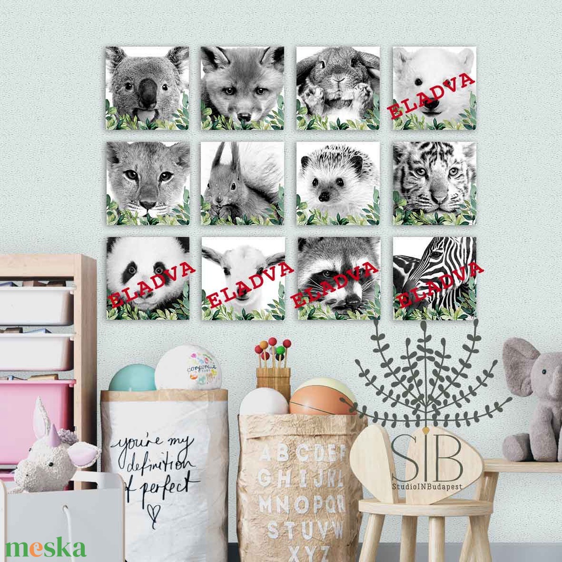 Állatkölykök táblakép, fekete-fehér falra akasztható gyerekszobai táblakép dekoráció - baba - mama - babaszoba dekoráció - babaszoba kép - Meska.hu
