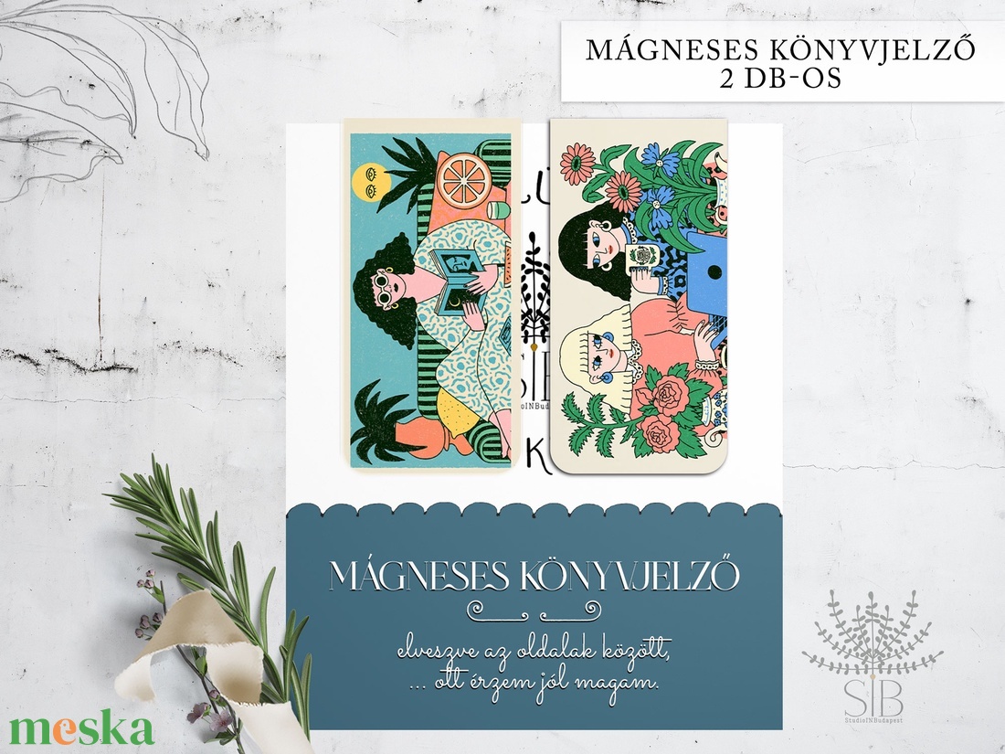 Mágneses könyvjelző, 2 db-os különböző grafikás, Vintage lányok minta, könyvmoly ajándék - könyv & zene - könyvjelző - Meska.hu