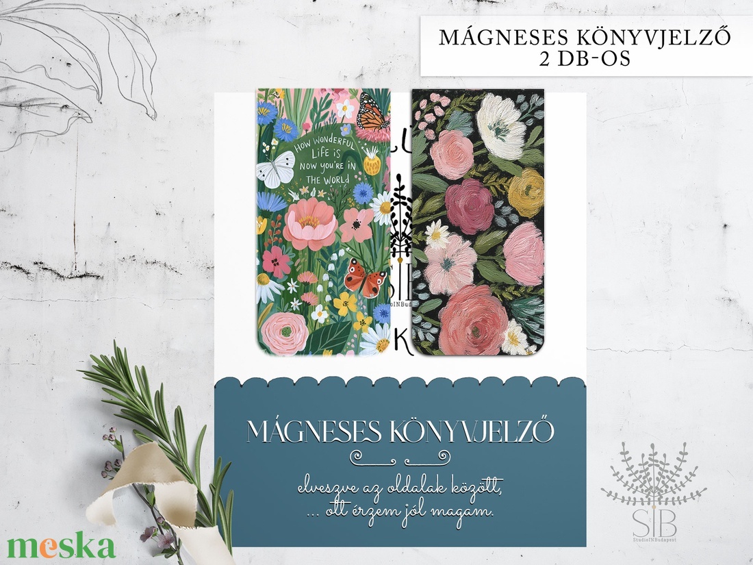 Mágneses könyvjelző, 2 db-os különböző grafikás, Festett virágok minta, könyvmoly ajándék - könyv & zene - könyvjelző - Meska.hu