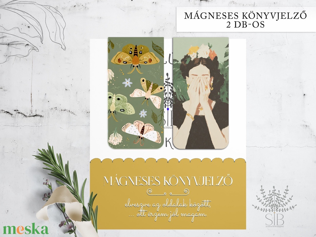 Mágneses könyvjelző, 2 db-os különböző grafikás, Frida/Pillangók, könyvmoly ajándék - könyv & zene - könyvjelző - Meska.hu