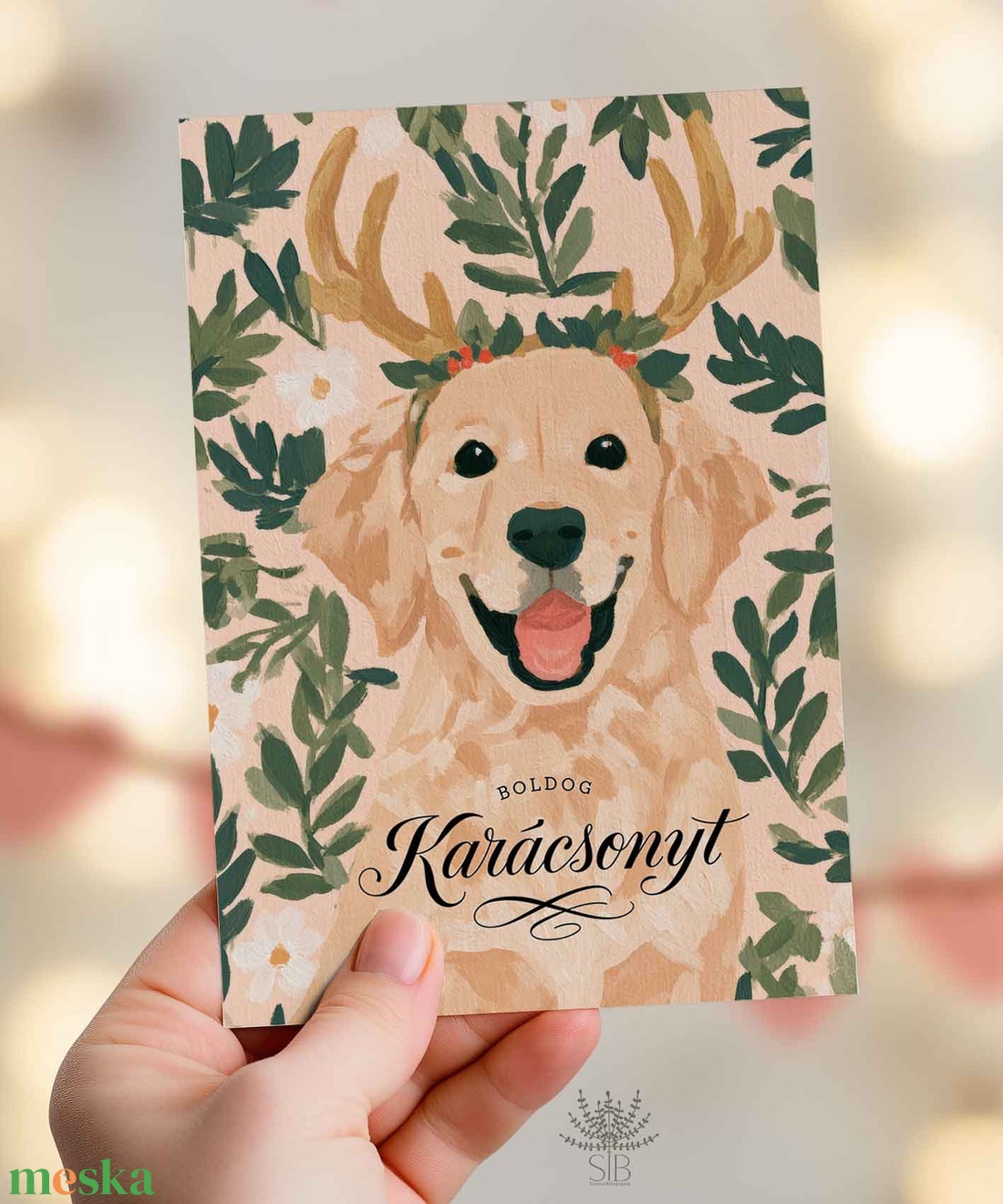 Karácsonyi képeslap festett golden retriever üdvözlő kártya ajándékkísérő - karácsony - karácsonyi ajándékozás - karácsonyi képeslap, üdvözlőlap, ajándékkísérő - Meska.hu
