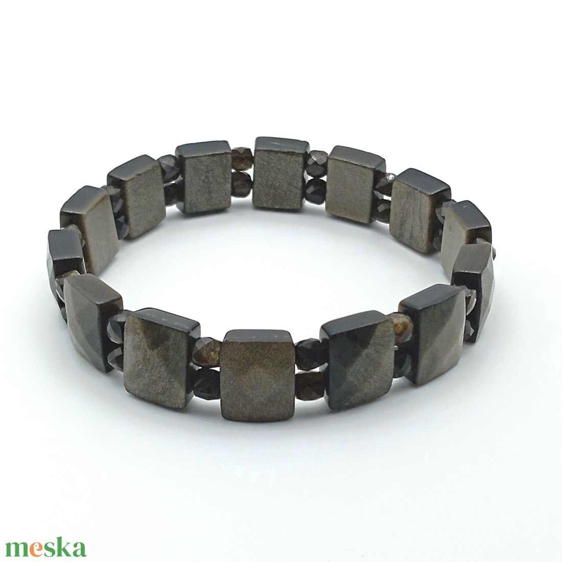 Ezüst obszidián kocka kétsoros karkötő - ékszer - karkötő - ásványkarkötő - Meska.hu