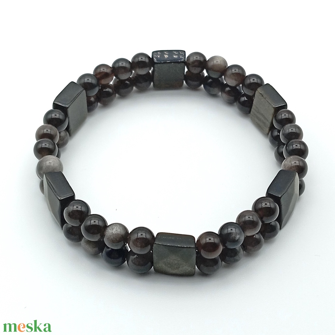 Ezüst obszidián golyós kétsoros karkötő - ékszer - karkötő - ásványkarkötő - Meska.hu