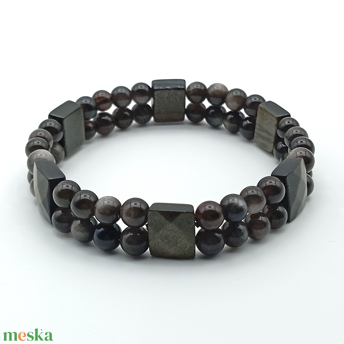 Ezüst obszidián golyós kétsoros karkötő - ékszer - karkötő - ásványkarkötő - Meska.hu