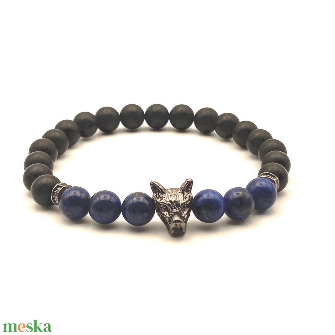 Lazurit - Ónix - farkasfej férfi karkötő - ékszer - karkötő - ásványkarkötő - Meska.hu