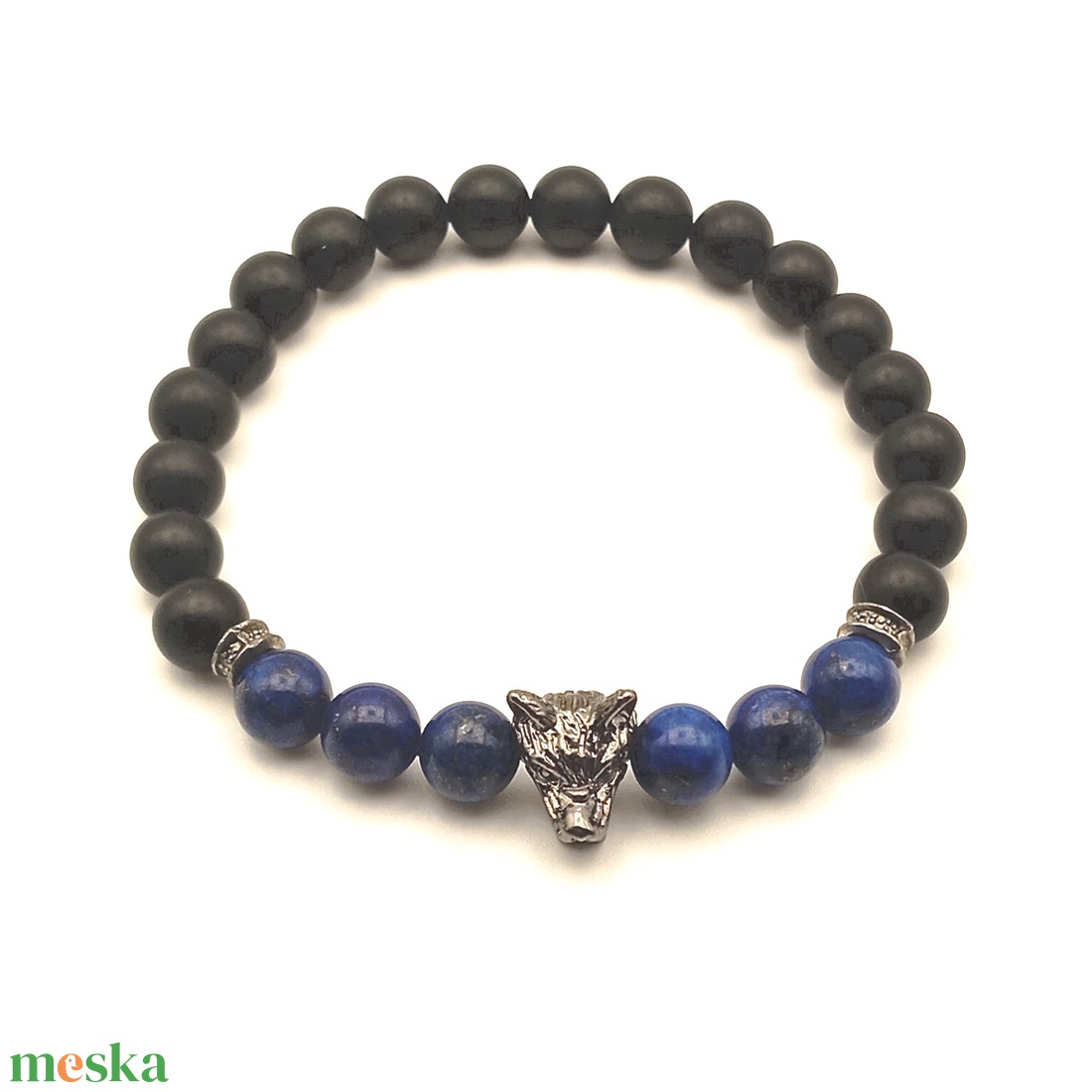 Lazurit - Ónix - farkasfej férfi karkötő - ékszer - karkötő - ásványkarkötő - Meska.hu