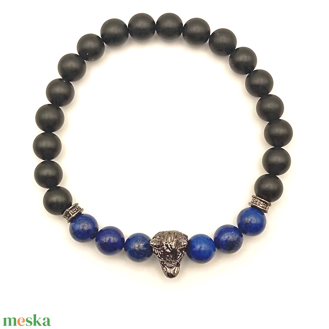Lazurit - Ónix - farkasfej férfi karkötő - ékszer - karkötő - ásványkarkötő - Meska.hu