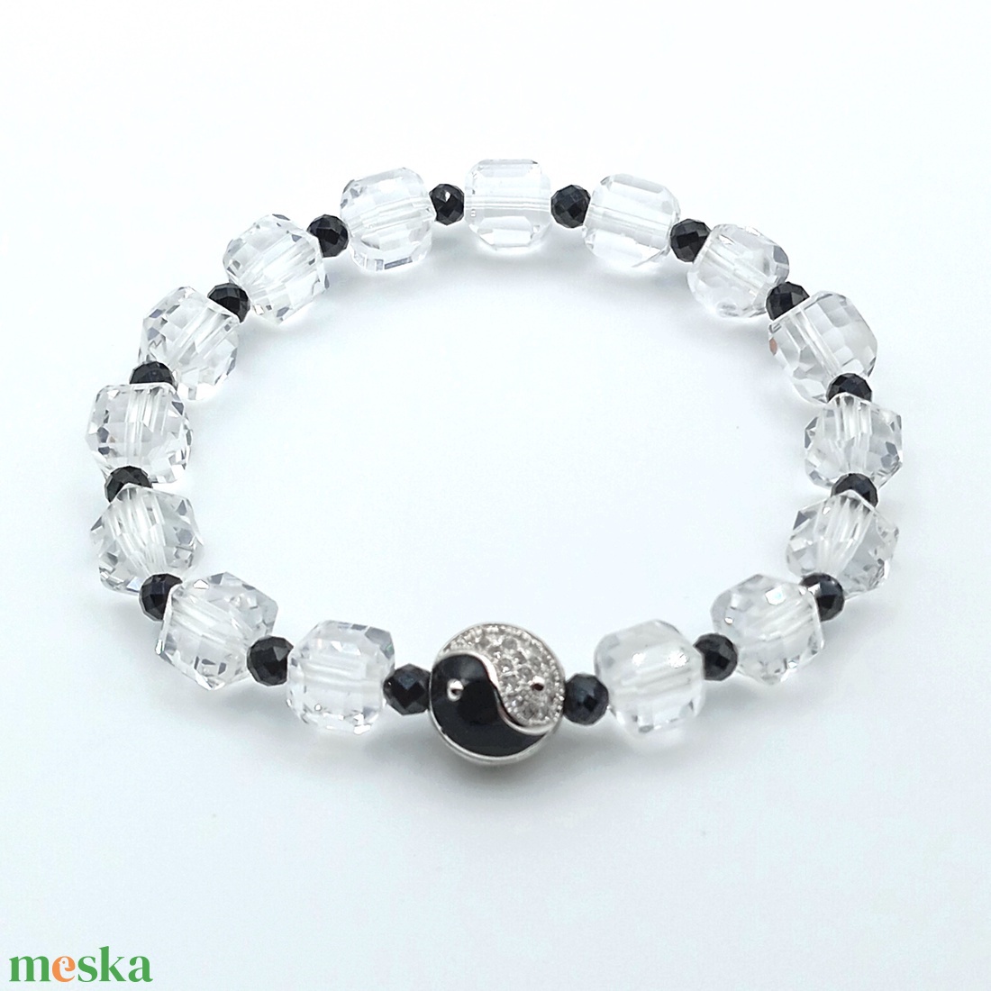 Hegyikristály kocka jin-jang karkötő - ékszer - karkötő - ásványkarkötő - Meska.hu