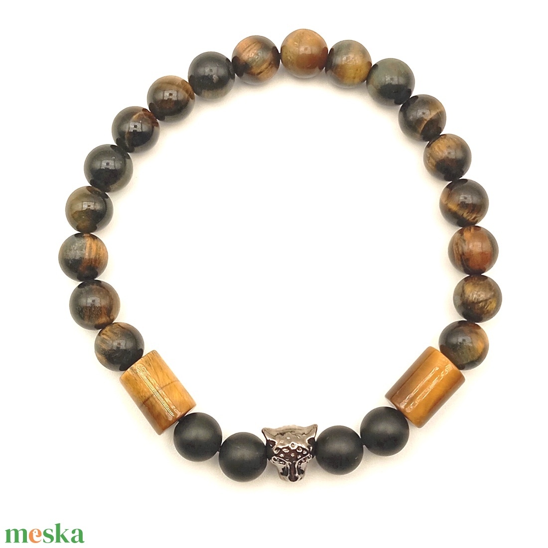 Ónix - Tigrisszem-sólyomszem - leopárdfej férfi karkötő - ékszer - karkötő - ásványkarkötő - Meska.hu
