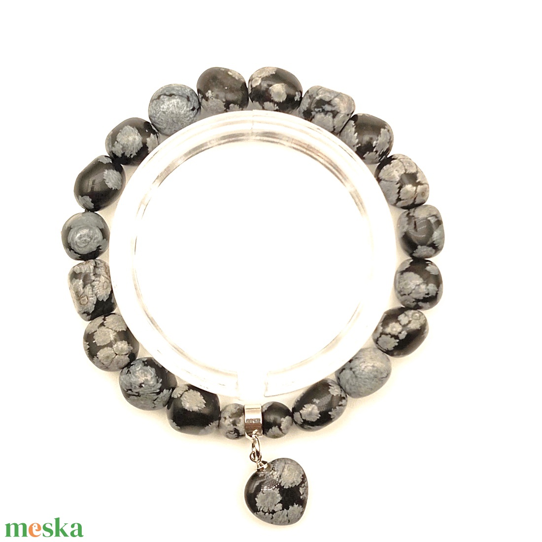 Hópehely obszidián szivecskés nugget karkötő - ékszer - karkötő - ásványkarkötő - Meska.hu