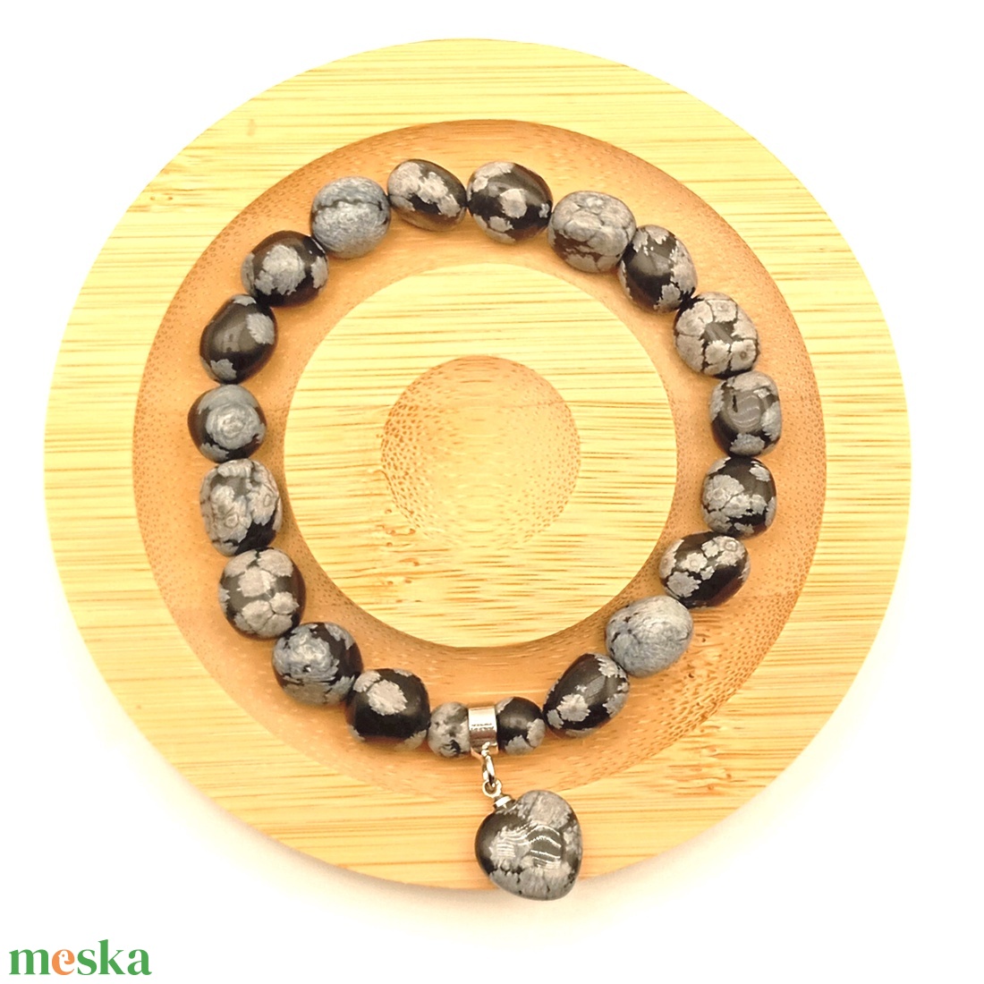 Hópehely obszidián szivecskés nugget karkötő - ékszer - karkötő - ásványkarkötő - Meska.hu