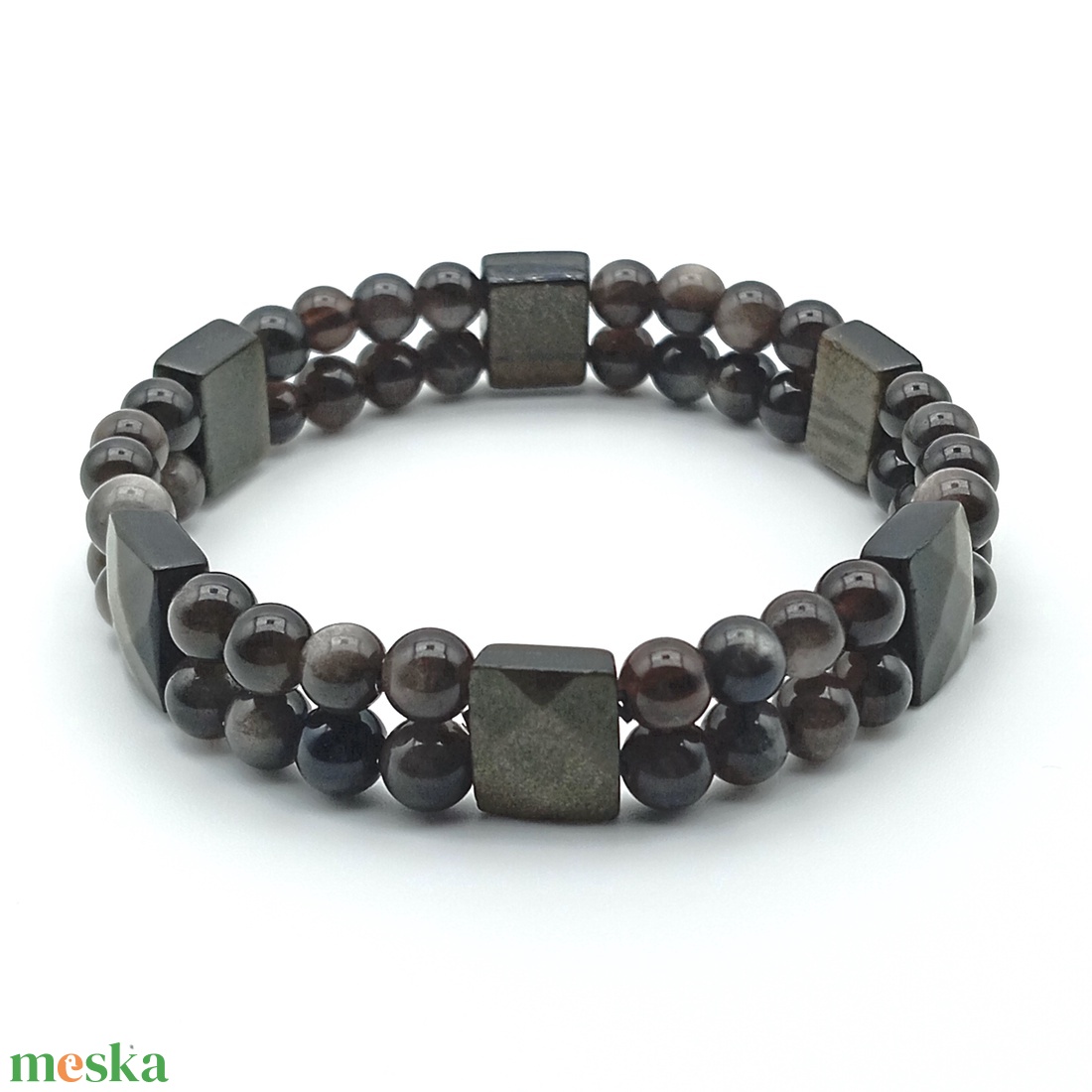 Ezüst obszidián golyós kétsoros karkötő - ékszer - karkötő - ásványkarkötő - Meska.hu