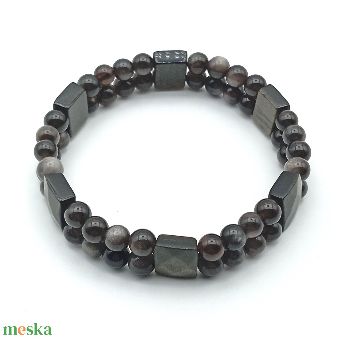 Ezüst obszidián golyós kétsoros karkötő - ékszer - karkötő - ásványkarkötő - Meska.hu
