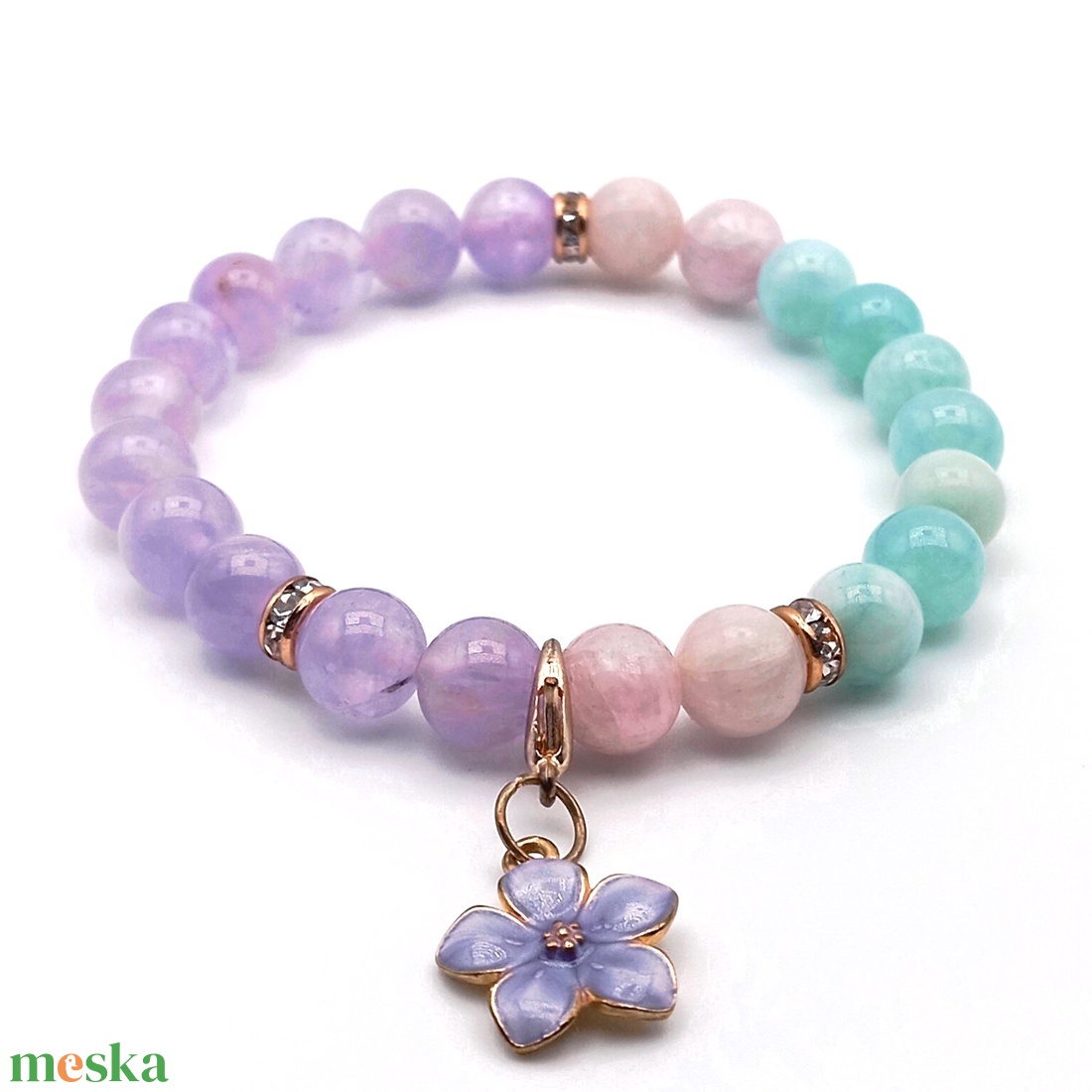 Amazonit - Ametiszt - Kunzit karkötő - ékszer - karkötő - ásványkarkötő - Meska.hu