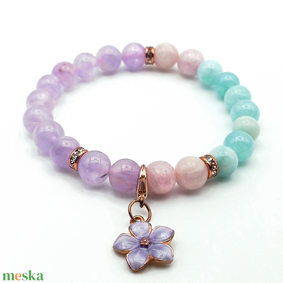 Amazonit - Ametiszt - Kunzit karkötő - ékszer - karkötő - ásványkarkötő - Meska.hu