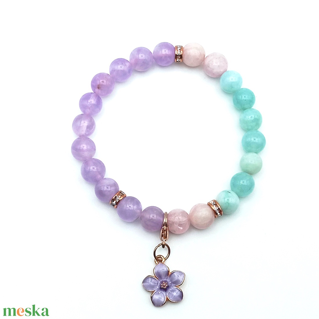 Amazonit - Ametiszt - Kunzit karkötő - ékszer - karkötő - ásványkarkötő - Meska.hu