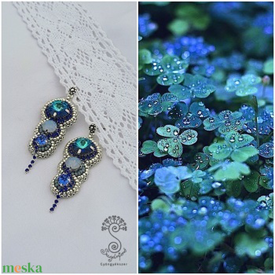 Kék swarovskis fülbevaló, elegáns, bedugós fülbevaló, egyedi ékszer,  Csillám 1.  - ékszer - fülbevaló - lógó fülbevaló - Meska.hu