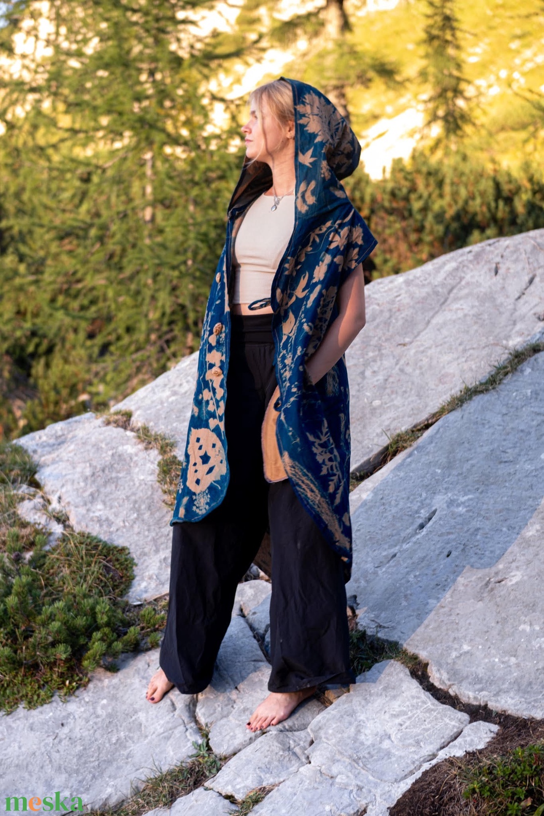 Egyedi, cianotípiával készített kapucnis mellényruha.onesize. - ruha & divat - női ruha - ruha - Meska.hu