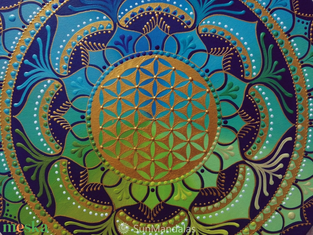  Kék-zöld Mandala Életvirága szimbólummal  - otthon & életmód - dekoráció - spiritualitás - mandala - Meska.hu