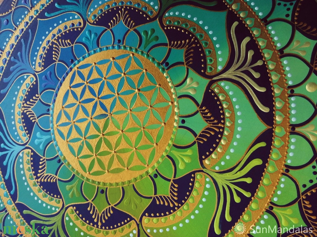  Kék-zöld Mandala Életvirága szimbólummal  - otthon & életmód - dekoráció - spiritualitás - mandala - Meska.hu