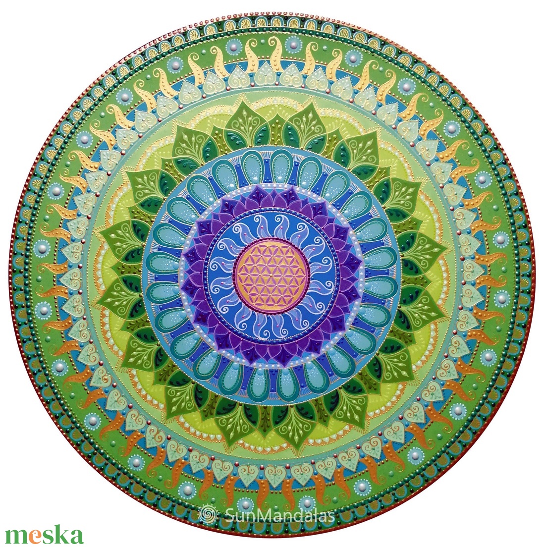  Zöld-lila-kék-türkiz Mandala Életvirága szimbólummal  - otthon & életmód - dekoráció - spiritualitás - mandala - Meska.hu