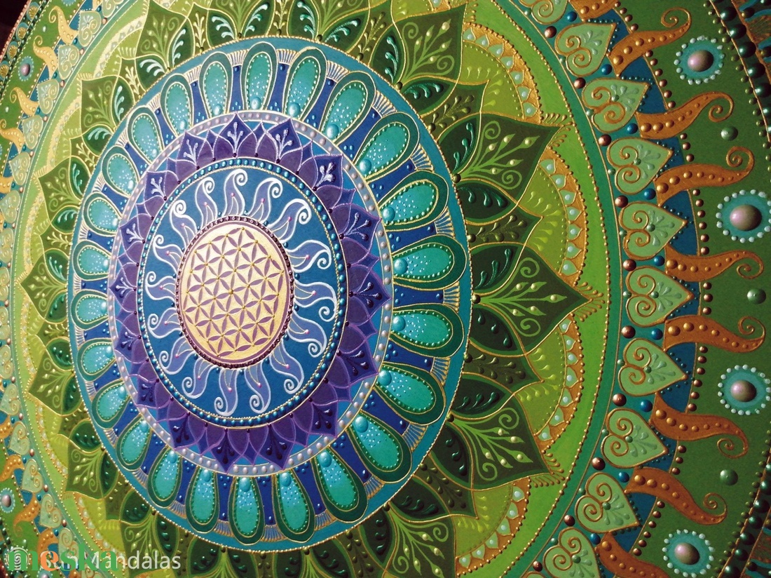 Zöld-lila-kék-türkiz Mandala Életvirága szimbólummal  - otthon & életmód - dekoráció - spiritualitás - mandala - Meska.hu