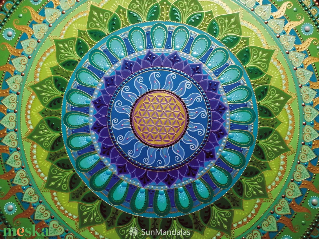  Zöld-lila-kék-türkiz Mandala Életvirága szimbólummal  - otthon & életmód - dekoráció - spiritualitás - mandala - Meska.hu