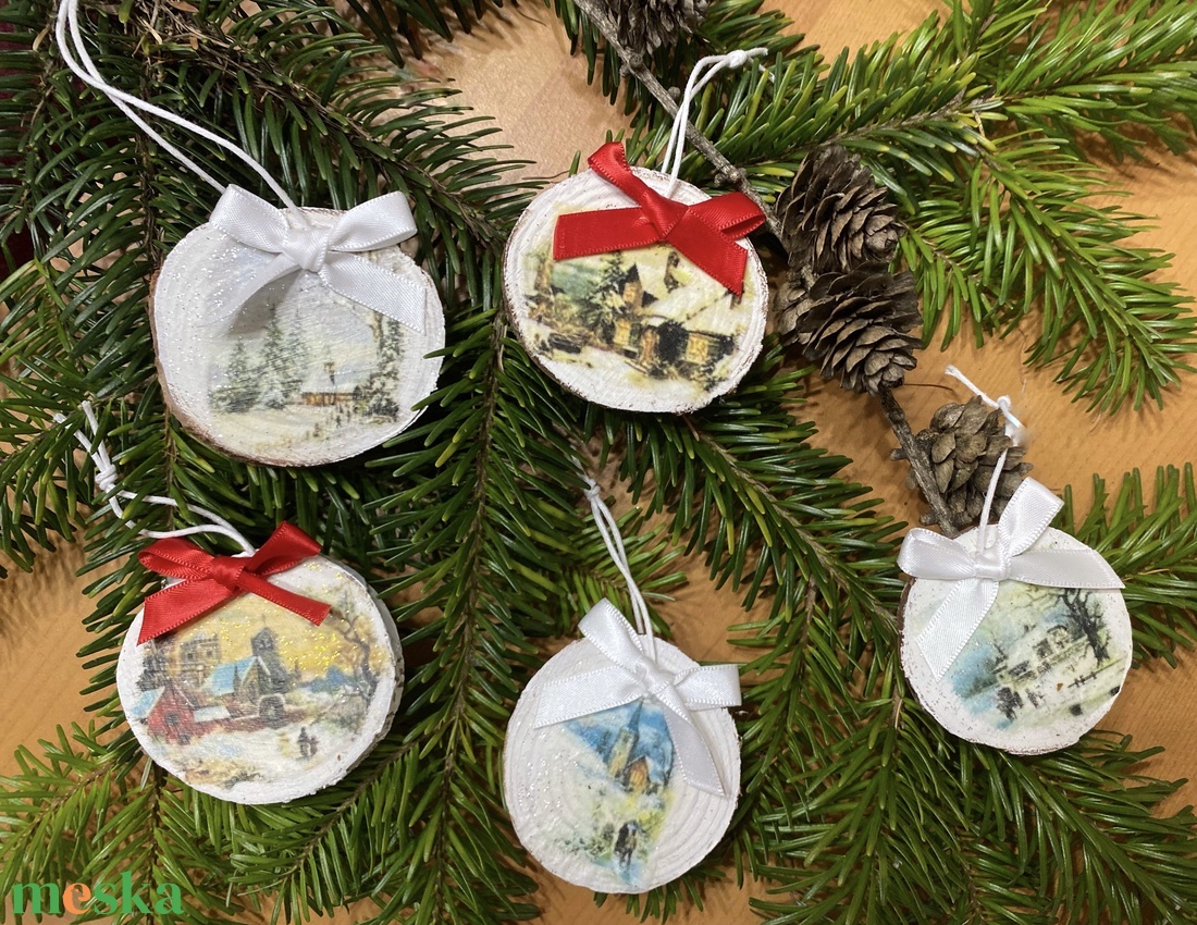 Masnis téli táj fakorong SZETT karácsonyfadíszek - karácsony - karácsonyi lakásdekoráció - karácsonyfadíszek - Meska.hu