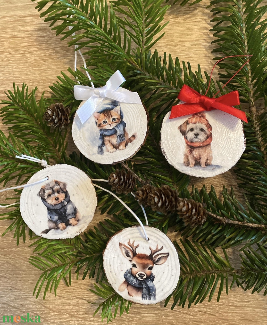 Cuki állatos fakorong SZETT díszek - karácsony - karácsonyi lakásdekoráció - karácsonyfadíszek - Meska.hu