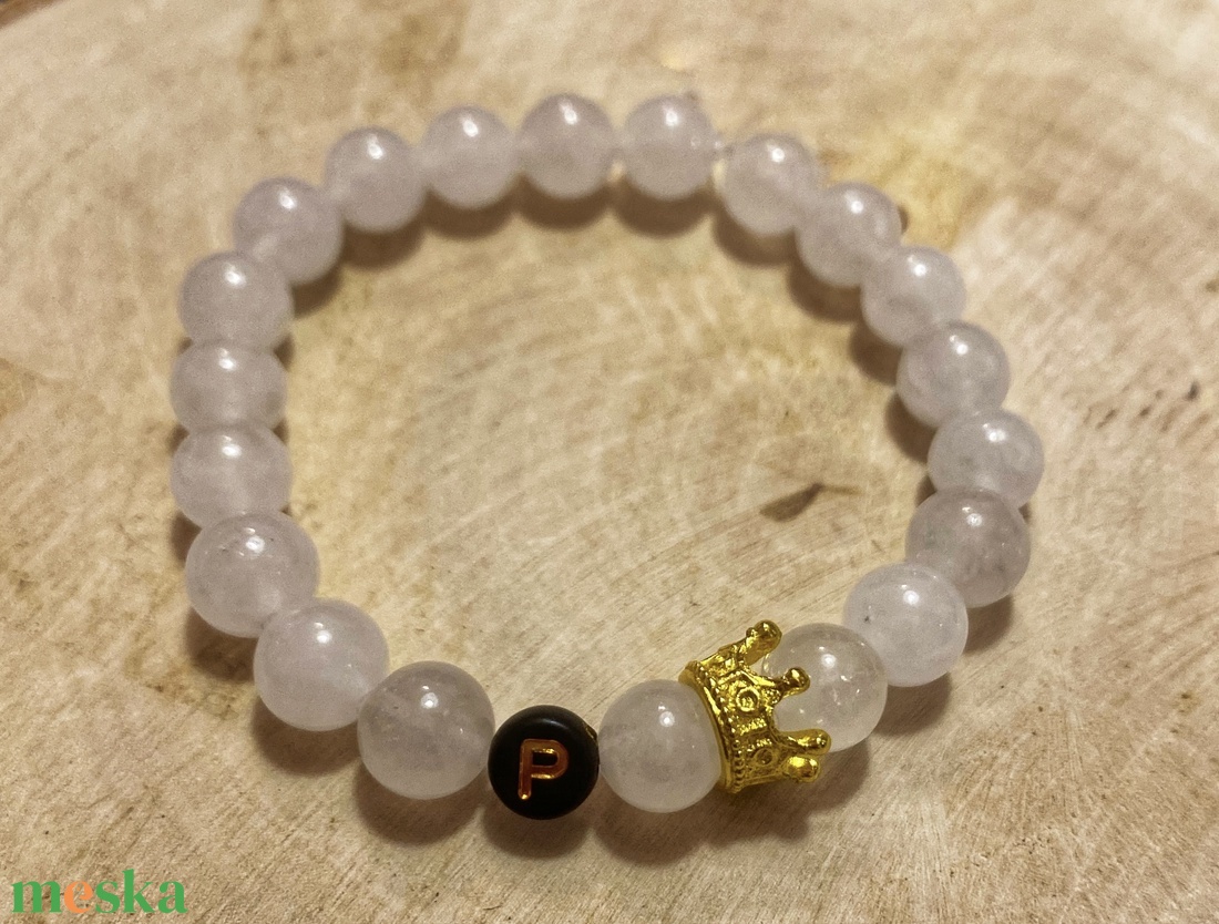 Személyre szabott 2 db fehér jáde/lávakő páros ásvány karkötő fekete-arany név kezdőbetűvel - ékszer - karkötő - ásványkarkötő - Meska.hu