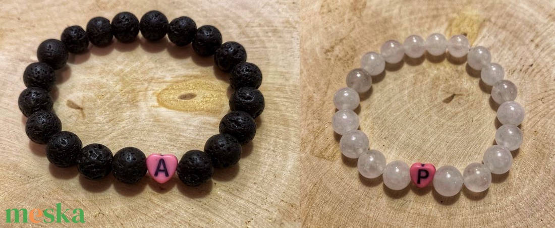 2 db fehér jáde/lávakő/rózsakvarc páros ásvány karkötő szív/kör alakú betűvel, esetleg díszekkel - ékszer - karkötő - ásványkarkötő - Meska.hu