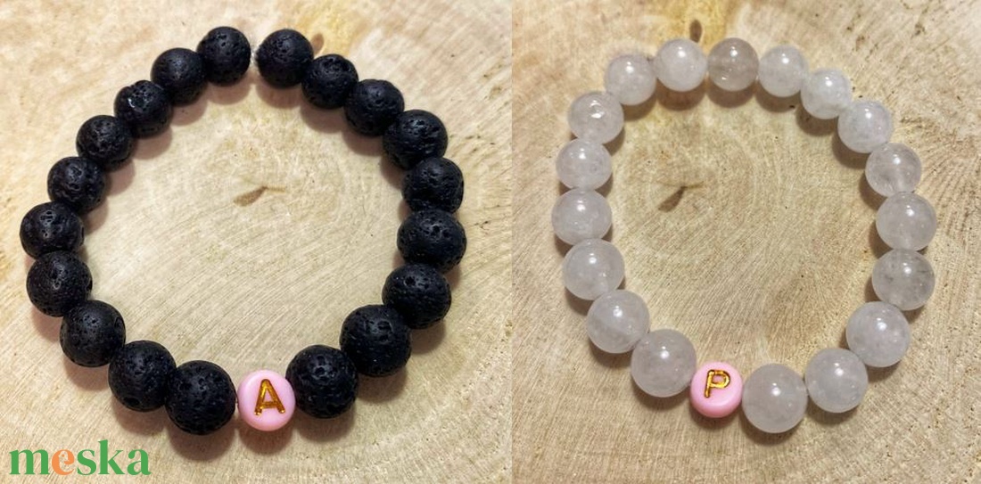 2 db fehér jáde/lávakő/rózsakvarc páros ásvány karkötő szív/kör alakú betűvel, esetleg díszekkel - ékszer - karkötő - ásványkarkötő - Meska.hu