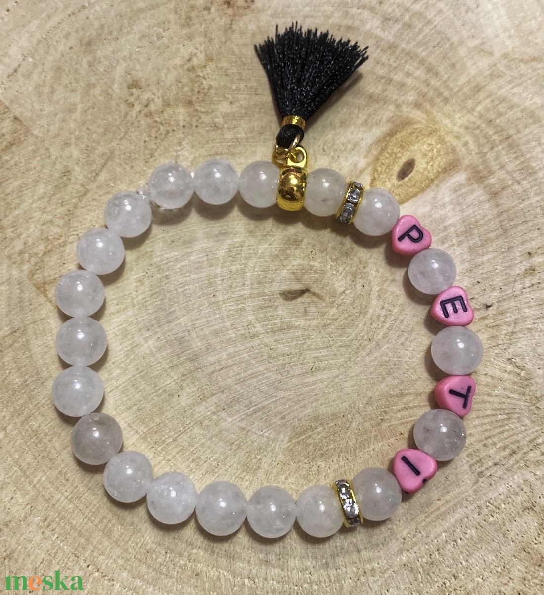 2 db fehér jáde/lávakő/rózsakvarc páros ásvány karkötő szív/kör alakú betűvel, esetleg díszekkel - ékszer - karkötő - ásványkarkötő - Meska.hu