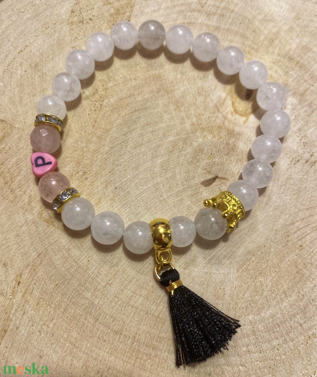 2 db fehér jáde/lávakő/rózsakvarc páros ásvány karkötő szív/kör alakú betűvel, esetleg díszekkel - ékszer - karkötő - ásványkarkötő - Meska.hu