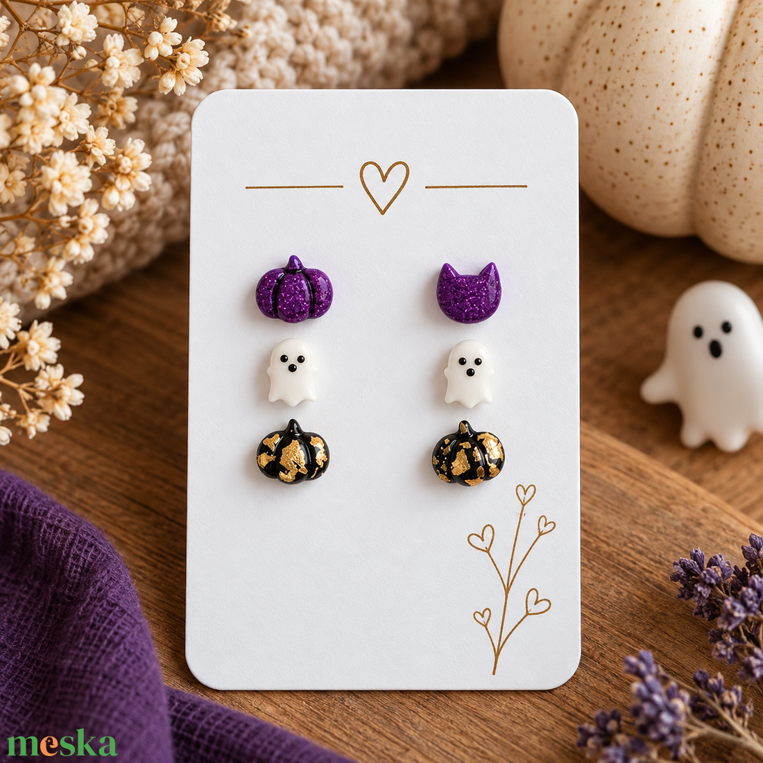 Halloween fülbevaló szett � szellem, lila és fekete-arany tök � 3 pár - ékszer - fülbevaló - pötty fülbevaló - Meska.hu