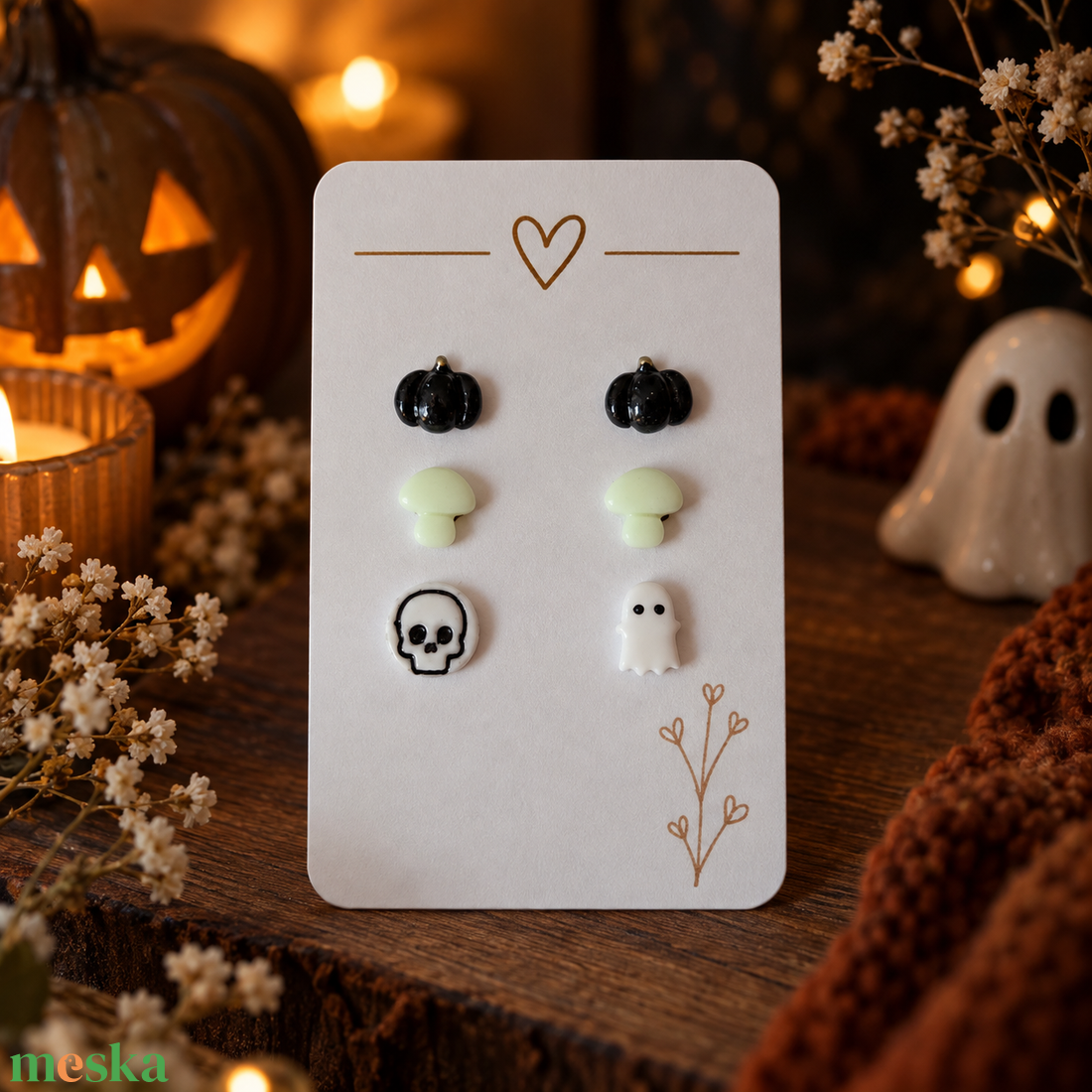 Halloween mini fülbevaló szett � világító gombával, tökkel, koponyával és szellemmel - ékszer - fülbevaló - pötty fülbevaló - Meska.hu