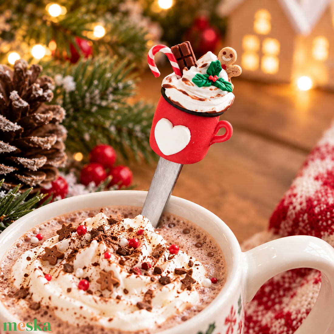 Karácsonyi forró csokis kiskanál süthető gyurma díszítéssel- csoki, mézeskalács, nyalóka, magyal - otthon & életmód - konyhafelszerelés, tálalás - tálalás - kanál & villa - Meska.hu
