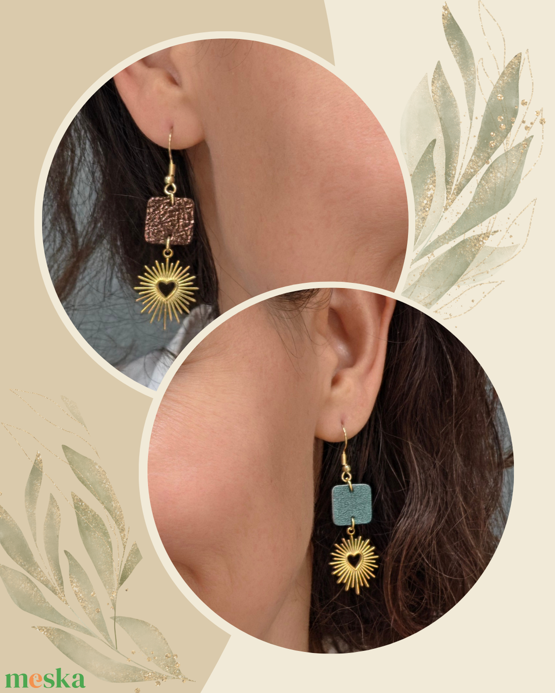 SOL bőr fülbevaló - barna / petrolzöld - ékszer - fülbevaló - lógó fülbevaló - Meska.hu