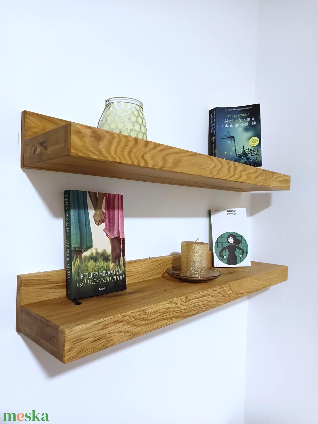 Lebegő tölgyfa polc dekorációhoz és könyvekhez  tömörfa polc - fali polc - otthon & életmód - bútor - polc - Meska.hu