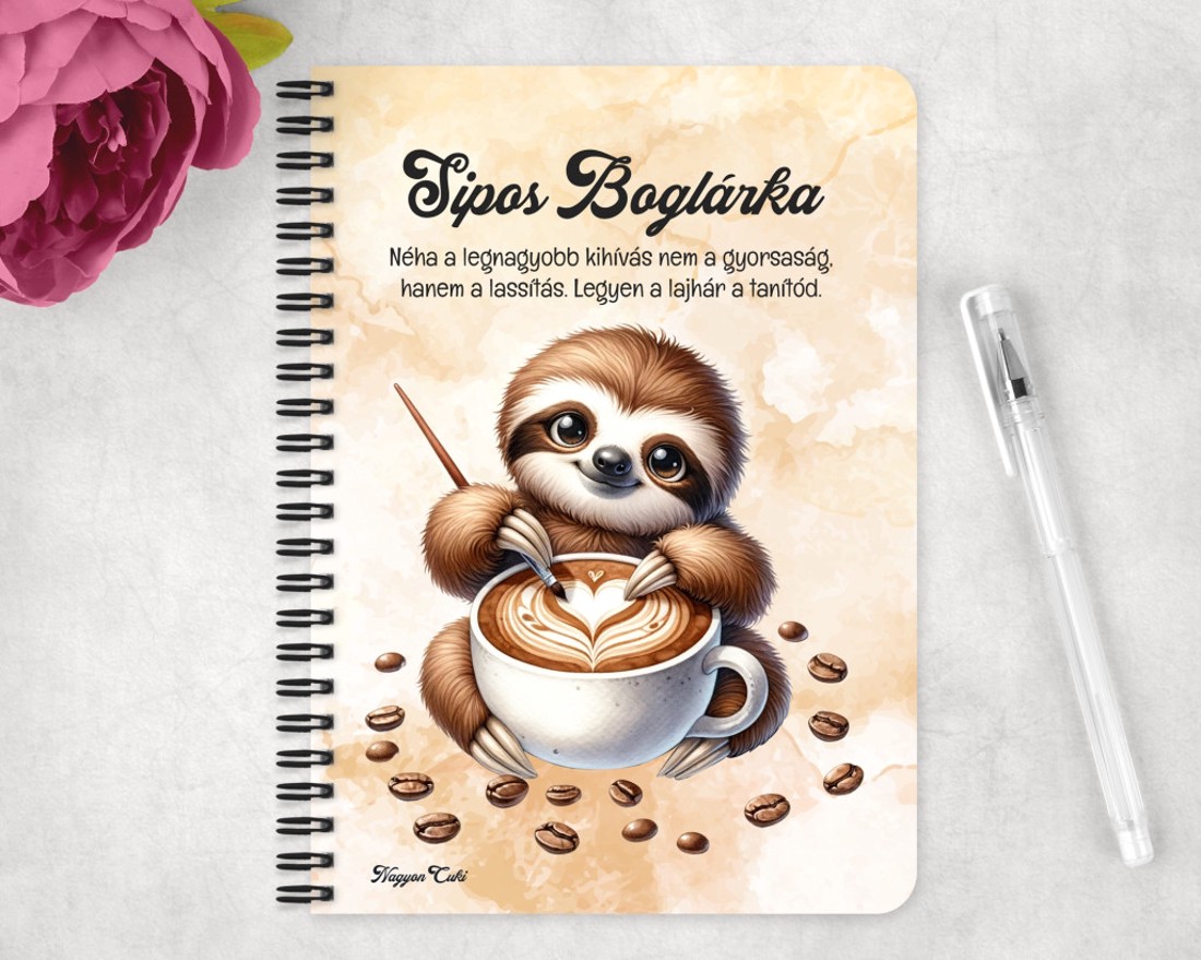 Személyre szabható - Kávés lajhár és a szíves cappucino mintás A5-ös füzet - otthon & életmód - papír, írószer - jegyzetfüzet & napló - Meska.hu