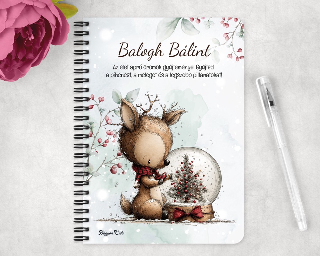 Személyre szabható - Cuki téli őzike hógömbbel mintás A6-os füzet - otthon & életmód - papír, írószer - jegyzetfüzet & napló - Meska.hu