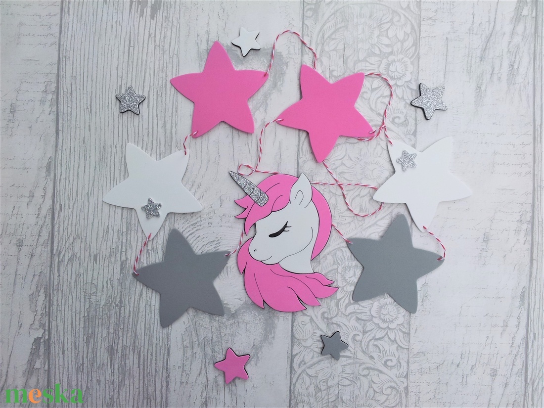 Unikornis, egyszarvú girland/bunting csillagokkal pink-szürke-fehér - otthon & életmód - dekoráció - fali és függő dekoráció - girland, zászlófűzér - Meska.hu
