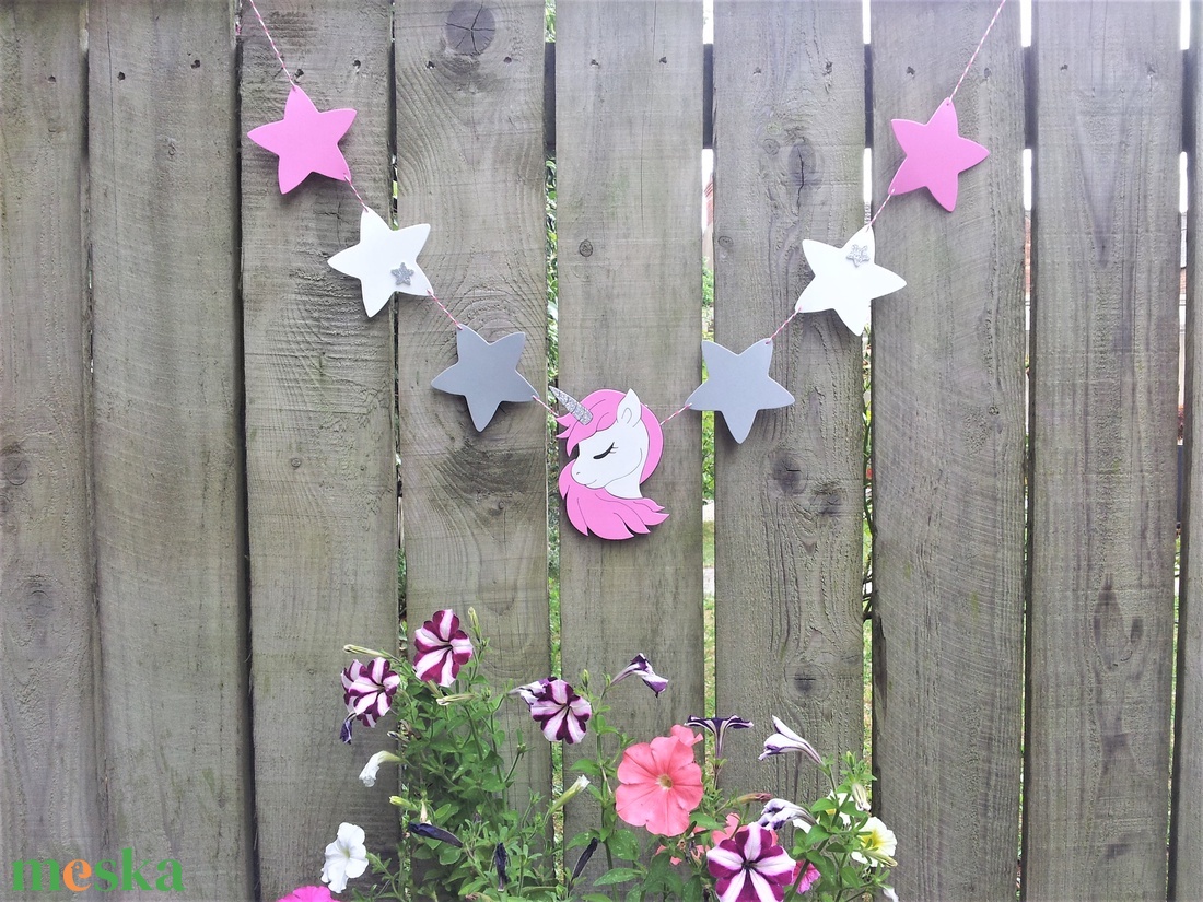 Unikornis, egyszarvú girland/bunting csillagokkal pink-szürke-fehér - otthon & életmód - dekoráció - fali és függő dekoráció - girland, zászlófűzér - Meska.hu
