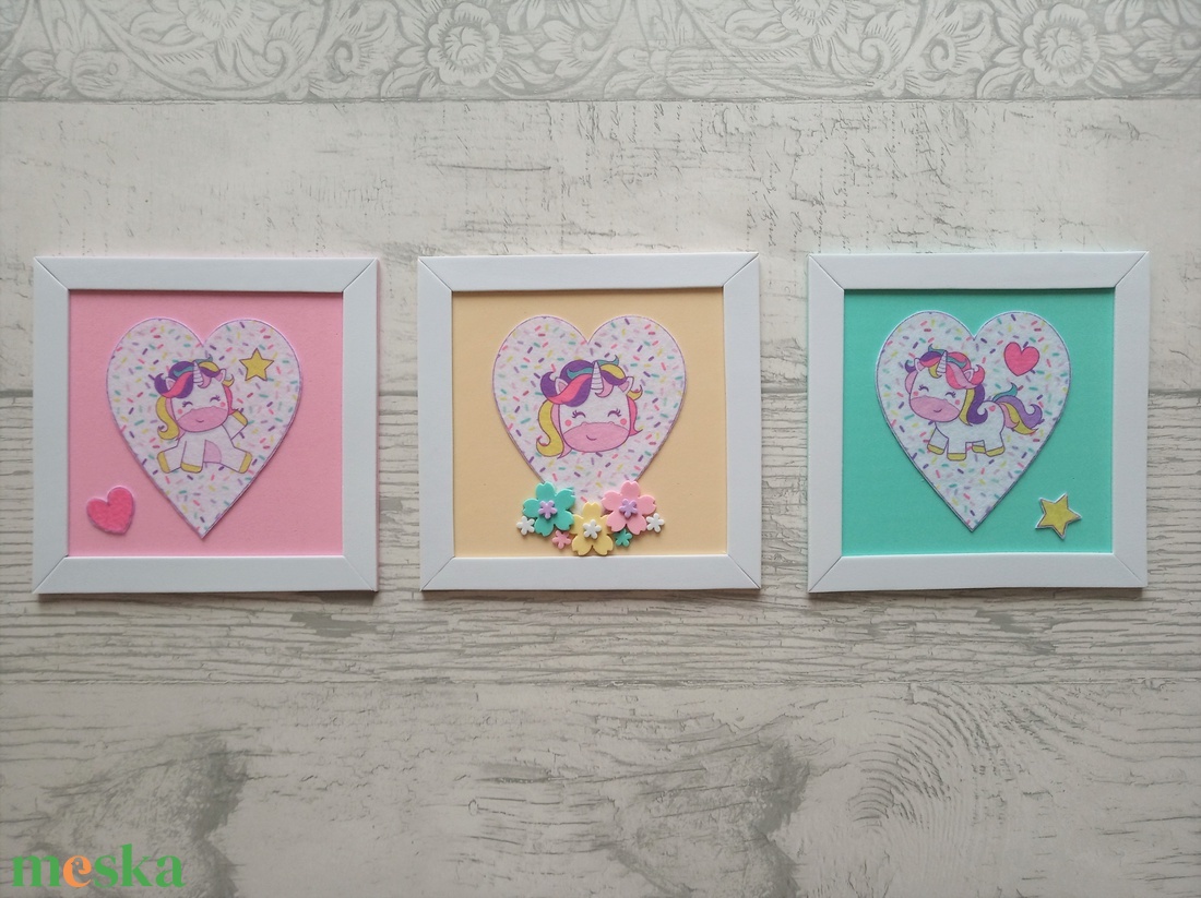 Vidám unikornisok Babaszoba dekoráció, 15x15cm-es nagyságú dekorgumi/mintásfilc kép szett - otthon & életmód - babaszoba, gyerekszoba - babaszoba kép - Meska.hu