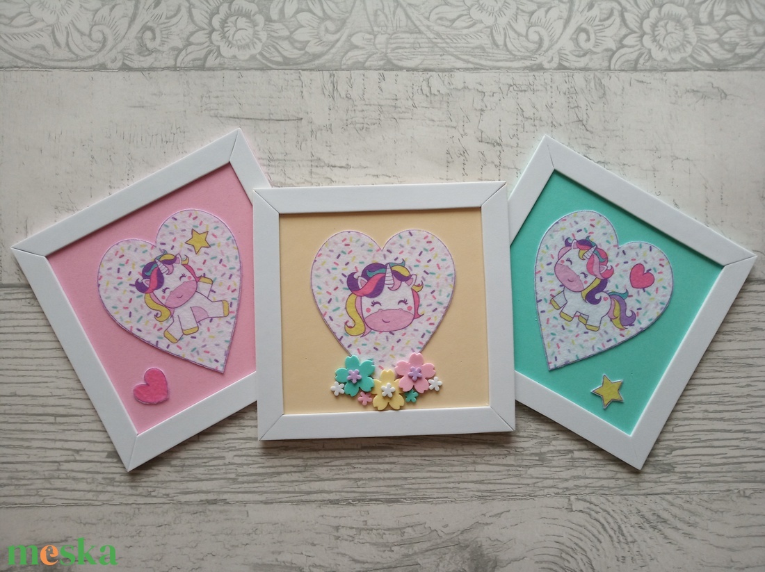 Vidám unikornisok Babaszoba dekoráció, 15x15cm-es nagyságú dekorgumi/mintásfilc kép szett - otthon & életmód - babaszoba, gyerekszoba - babaszoba kép - Meska.hu